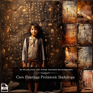 May include: A young person standing in front of a wall with cave paintings. The wall is covered in drawings of animals, people, and geometric shapes. The text "90 PALEOLITHIC ART STONE INSPIRED BACKGROUNDS" and "Cave Paintings Prehistoric Backdrops" is at the bottom of the image.