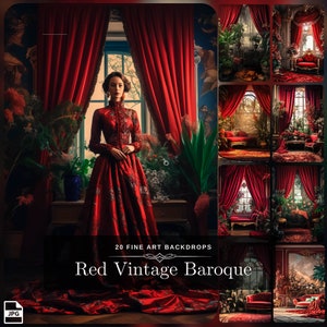 20 Fondos interiores neoclásicos barrocos vintage rojos / Fondos de bellas artes Edición de Photoshop / Superposición floral y de terciopelo Estilo palacio vintage