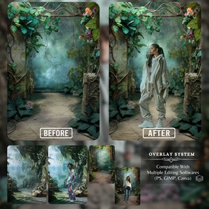 Before and after transformation showcasing the overlay system of a digital backdrop featuring a model in a lush, enchanted garden set, demonstrating compatibility with editing software like Photoshop, GIMP, and Canva.