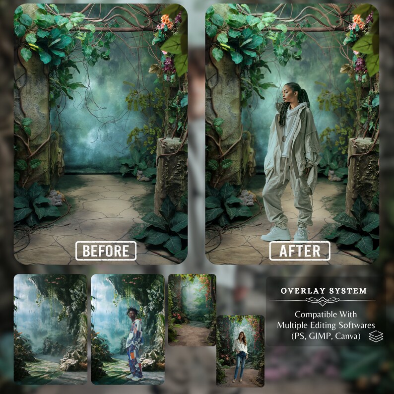 Before and after transformation showcasing the overlay system of a digital backdrop featuring a model in a lush, enchanted garden set, demonstrating compatibility with editing software like Photoshop, GIMP, and Canva.