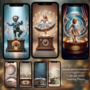 Mesmerizing music box backdrops displayed on mobile screens, highlighting their adaptability and visual appeal in various digital formats.