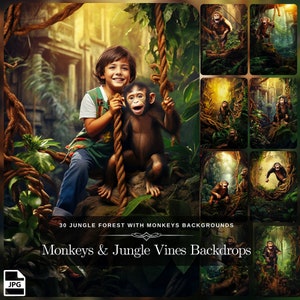 May include: A young person sits on a rock with a chimpanzee. The chimpanzee is holding onto a rope swing. The background is a jungle scene with lush green foliage and vines. The image is part of a set of 30 jungle forest with monkeys backgrounds. The text "Monkeys & Jungle Vines Backdrops" is at the bottom of the image.
