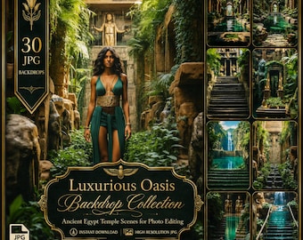 Jungledecor Oude Egypte tempelachtergrond: 30 oases fantasielandschap in smaragdgroene achtergrondstijl met weelderig ornament en architectuur