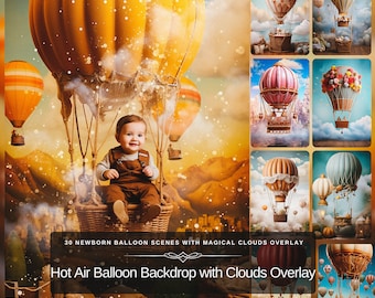 30 Whimsical Newborn Hot Air Balloon Digital Backdrop Assortment with Clouds Overlay and Adventure Elements for Baby Fine Art Photo Editing