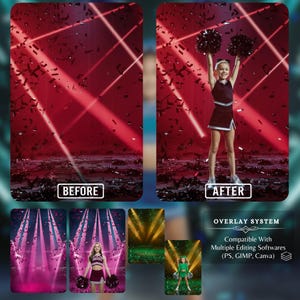Before and after view of cheerleading photo editing using a red confetti backdrop with spotlights. Perfect for showcasing how digital backdrops enhance sports photography for cheer banners and event posters.