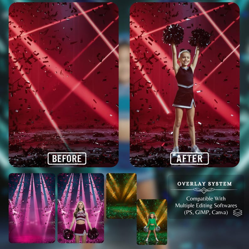 Before and after view of cheerleading photo editing using a red confetti backdrop with spotlights. Perfect for showcasing how digital backdrops enhance sports photography for cheer banners and event posters.
