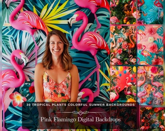 Pink Flamingo Digital Backdrops: 30 Tropical Plants Colorful Summer Portrait Photography Pastel Backgrounds for Photo Edit JPG Files