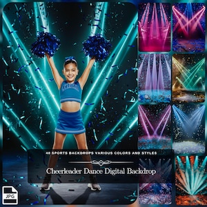 Könnte beinhalten: Eine junge Cheerleaderin in einem blau-weißen Outfit posiert mit Pompons vor einem digitalen Hintergrund mit verschiedenen bunten Lichteffekten. Der Hintergrund ist mit "Cheerleader Dance Digital Backdrop" beschriftet.