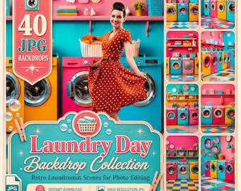 Laundry Day Digital Backdrops: 40 Laundromat Art Retro Vibes Colorful Photo for Photo Edit Instant Download Digital Background JPG Files