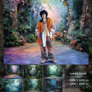 Fashion forward model in a colorful, textured outfit against a lush, detailed digital forest background, highlighting the use of large file digital backdrops for creative and commercial photography.