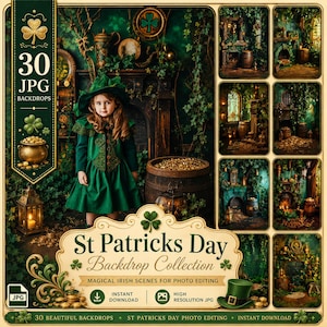St Patricks Day Digital Backdrop: 30 Irish Background Photo Background with Four Leaf Clover & Pot of Gold for Photoshop Composite JPG Files