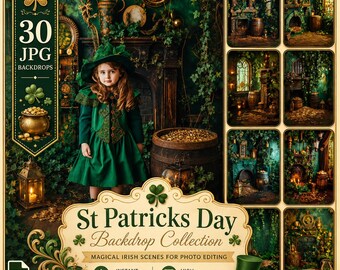 Digitale achtergrond voor St. Patrick's Day: 30 Ierse achtergronden met klavertje vier en pot met goud voor Photoshop (JPG-bestanden).
