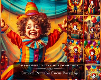 Carnival Printable Circus Backdrop - 30 Digital Circus Scene with Clown Costume, Easy to Use Face Insert for Birthday Party PNG file Set