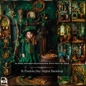 May include: A digital backdrop featuring a green and gold Irish-themed scene with a fireplace, a pot of gold, and a girl wearing a green leprechaun hat. The text "30 Irish Inspired Backgrounds with Pots of Gold" and "St. Patricks Day Digital Backdrop" is displayed at the bottom of the image.