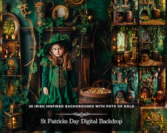 St Patricks Day Digitaler Hintergrund: 30 Irischer Hintergrund Fotohintergrund mit vierblättriges Kleeblatt & Goldtopf für Photoshop Verbund JPG Dateien