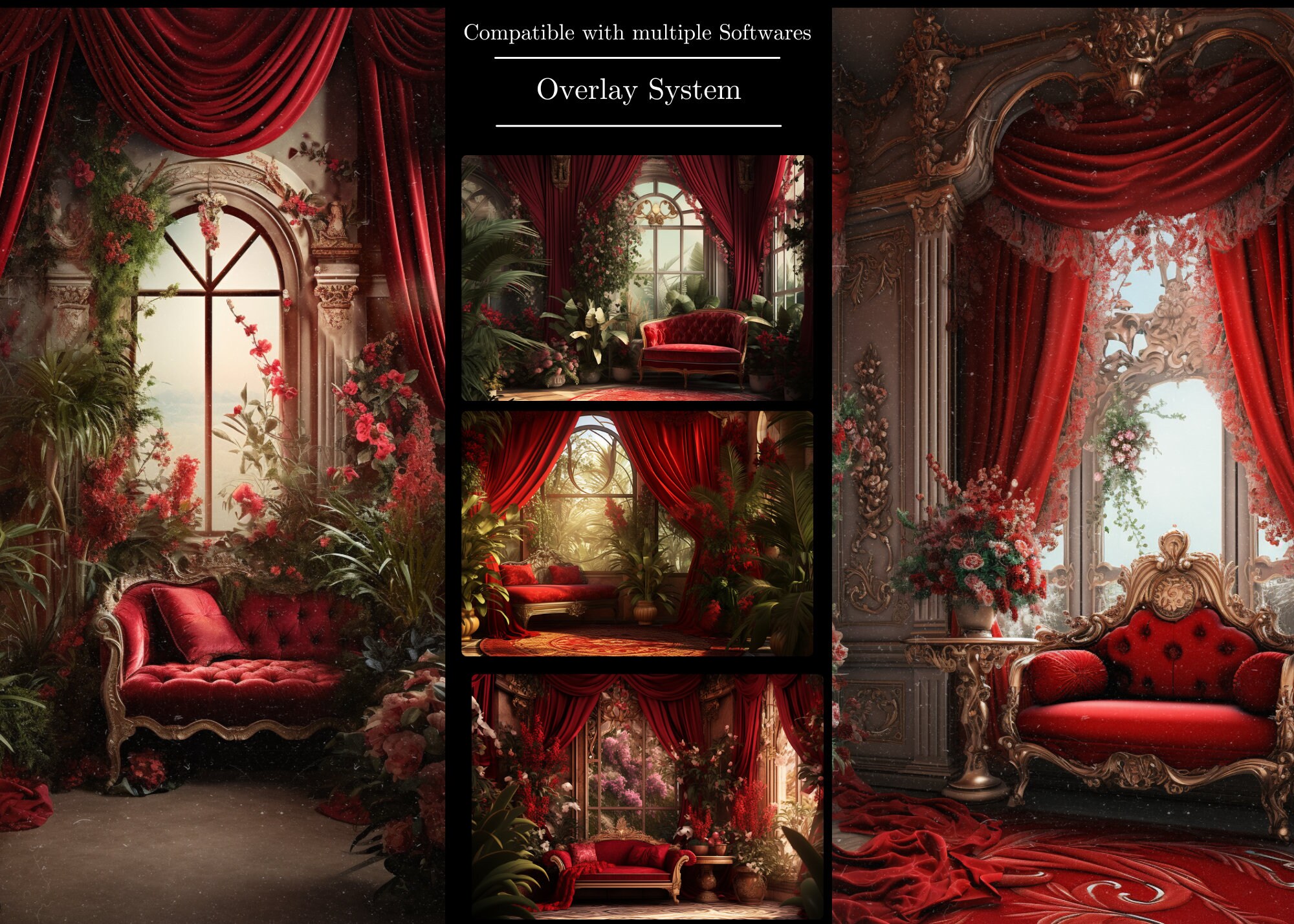 Fonds pour studio de portrait Rideau de velours baroque Intérieur Fond photo antique LXX61-34