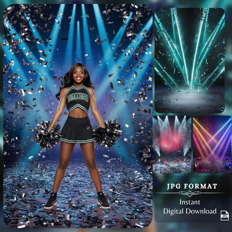 Vibrant sports backdrops featuring colorful confetti and dynamic lighting effects. Perfect for cheerleading posters, dance routine banners, and senior memory mate projects in high-resolution JPG format.