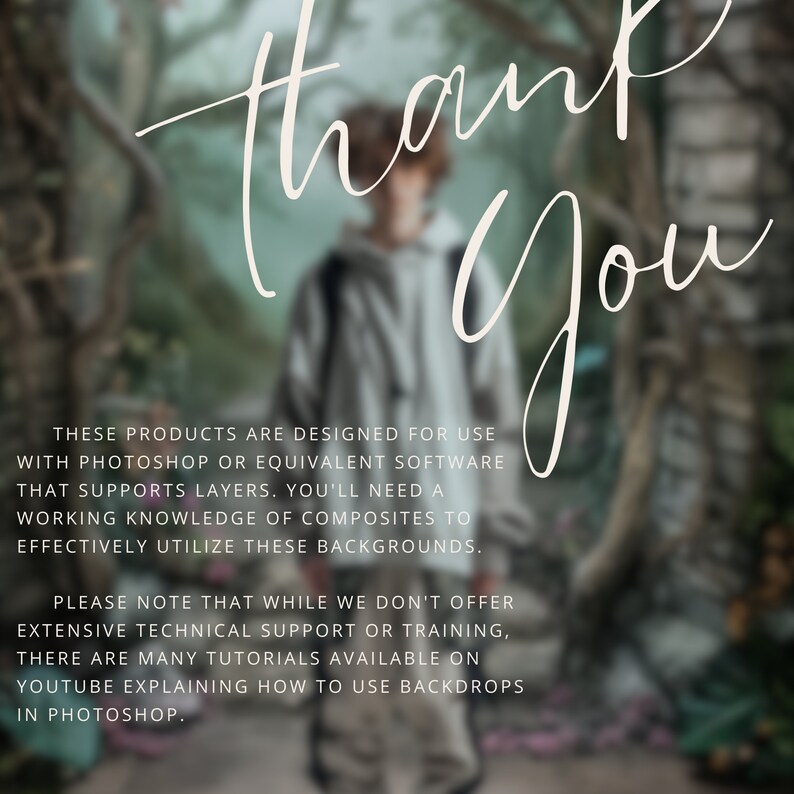 Appreciative closing note emphasizing the utility of digital backdrops for users with Photoshop or similar layer-supporting software, with a reminder of available online tutorials for backdrop application.