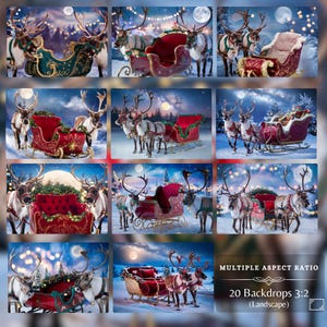 Santa's sleigh in landscape format with several reindeer variations in a snowy setting. These Christmas backgrounds include different sleigh designs and reindeer pairings, ideal for creating fine art or holiday backdrop.