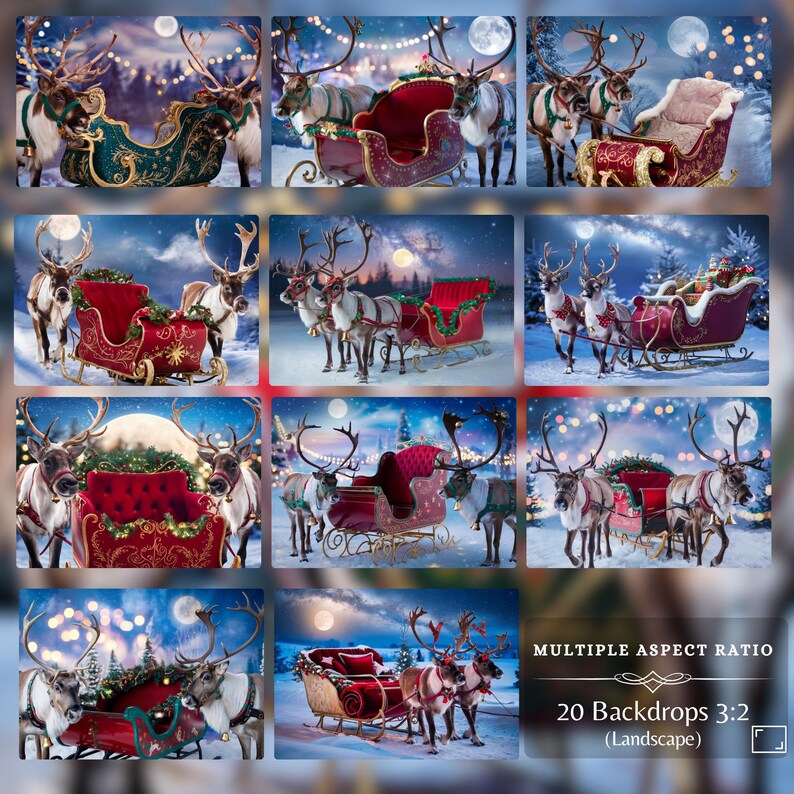 Santa's sleigh in landscape format with several reindeer variations in a snowy setting. These Christmas backgrounds include different sleigh designs and reindeer pairings, ideal for creating fine art or holiday backdrop.