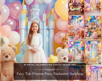 Può includere: Una bambina con un vestito bianco e una corona si trova davanti a uno sfondo di castello blu e bianco. Lo sfondo è decorato con palloncini rosa, gialli e blu. Il testo "40 Royal Celebration Castle Decor Art" e "Fairy Tale Princess Party Enchanted Backdrop" è visibile nella parte inferiore dell'immagine.