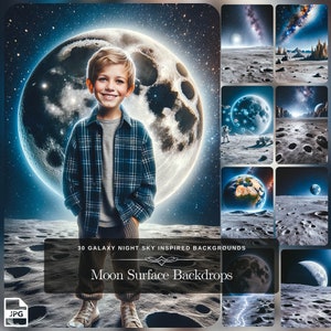 May include: A young boy stands in front of a large, bright moon with a galaxy background. The image is part of a set of 30 galaxy night sky inspired backgrounds called "Moon Surface Backdrops".