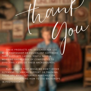 Thank you note for users, emphasizing the need for basic Photoshop skills to utilize the digital backdrops effectively.