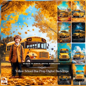 May include: A digital download of 10 yellow school bus backdrops. The backdrops feature a yellow school bus in different settings, including a fall scene with leaves, a cloudy sky, and a starry night. The backdrops are perfect for creating fun and festive back-to-school photos.