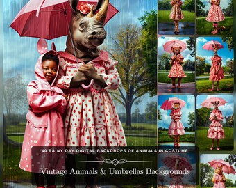 Vintage Animals & Decorative Umbrellas Digital Backgrounds: 40 Rainy Day Digital Backdrops of Animals in Costume, Instant Download JPG Files
