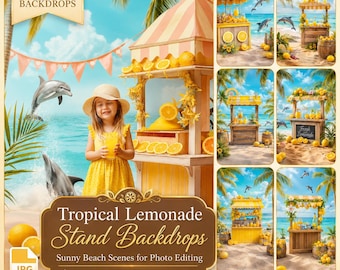 Lemonade Stand Photography Backdrop : 40 Digital Backdrops of Beach Tropical Composite Image with Dolphins Art JPG Files Instant download