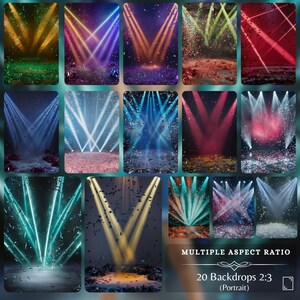 A set of colorful digital backdrops showcasing various lighting effects and confetti, ideal for cheerleading, dance performances, and senior posters. Perfect for creating customizable sports photo edits in portrait ratio.