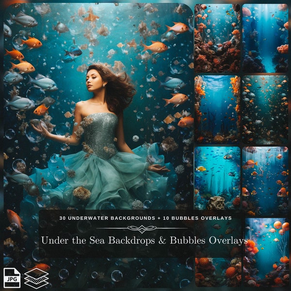 Under the Sea Backdrop Collection: 10 Bubble Overlays and 30 Photo Backdrop as Fantasy Background & Overlay Photoshop Editing Elements