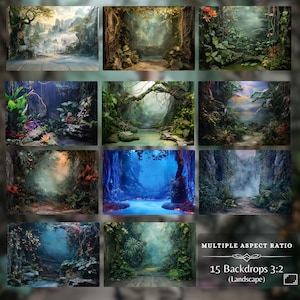 Set of 15 digital landscapes in 3:2 aspect ratio, depicting magical forest scenes with dense foliage, fog, and sunlit clearings, suitable for enhancing outdoor photography or creating fantasy backgrounds.