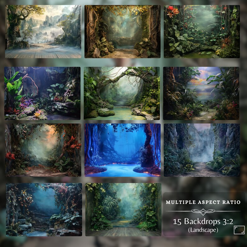Set of 15 digital landscapes in 3:2 aspect ratio, depicting magical forest scenes with dense foliage, fog, and sunlit clearings, suitable for enhancing outdoor photography or creating fantasy backgrounds.
