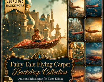 Fairy Tale Flying Carpet Digital Art - 30 Photo Backdrop set for Photo Editing with Arabian Nights Story Book Enchanting Cityscape