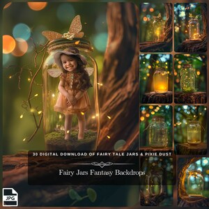 May include: A digital download of 30 fairy jar fantasy backdrops. The images feature a variety of jars with glowing lights and fairy dust, perfect for creating magical and whimsical photos.