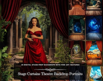 Podiumgordijnen Digitale achtergrondbundel – 40 Fine-Art theaterachtergronden, JPG-set direct downloaden voor het bewerken van dramatische portretfoto's,