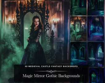 Magic Mirror & Purple Drapes in Gothic Interior: 40 Medieval Castle Fantasy Backdrop - Digital Background for Enchanted Photo Manipulation