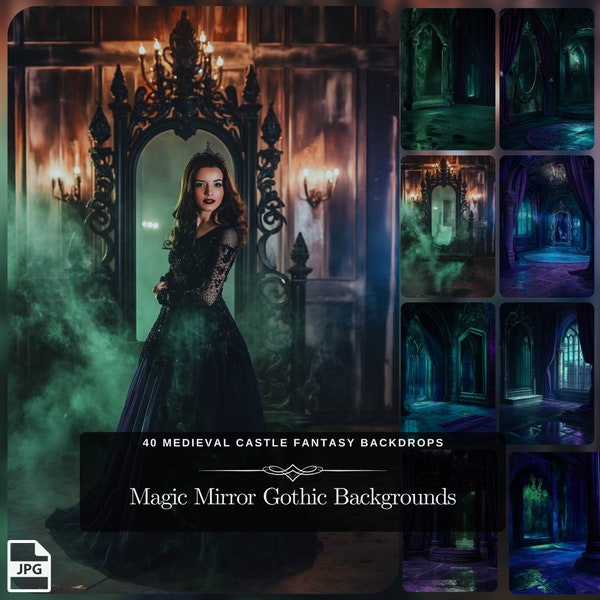 Magic Mirror & Purple Drapes in Gothic Interior: 40 Medieval Castle Fantasy Backdrop - Digital Background for Enchanted Photo Manipulation