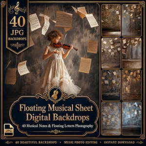 Sfondi digitali con spartiti musicali fluttuanti: 40 note musicali e lettere fluttuanti per la fotografia e l'editing di immagini digitali (file JPG).