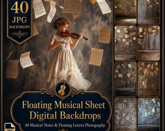 Floating Musical Sheet Digital Backdrops : 40 Musical Notes & Floating Letters Photography Backdrop for Digital Art Photo Edit JPG Files