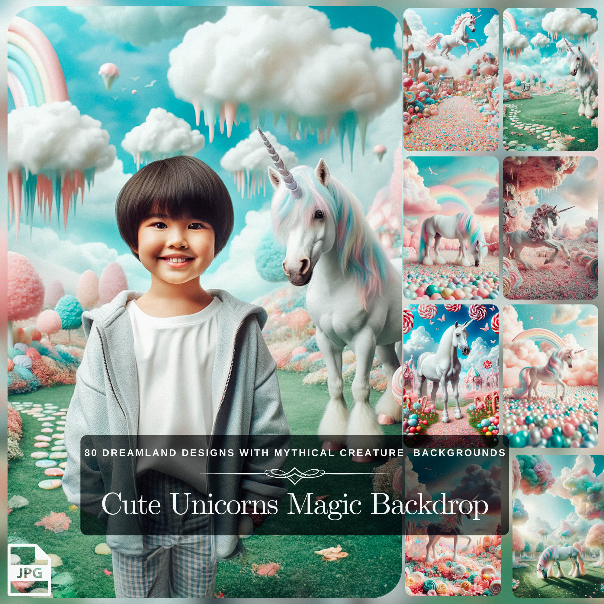 Cute Unicorns Magic Backdrop: 80 Giant Lollipops Cotton Candy Dreamland Designs with Mythical Creature Dreamy Landscape Photography Backdrop