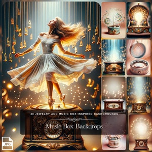 Music Box Stage Hintergrund: 30 Ballerina Spieluhr und Schmuckschatulle Grafikdesign mit Musiknoten für die Bearbeitung von Bildern Symphonie Poster