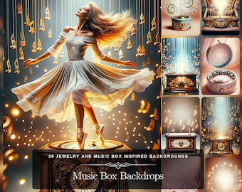Music Box Stage Background: 30 Ballerina Music Box and Jewelry Box Graphic Design with Music Notes for Editing Images Symphony Poster