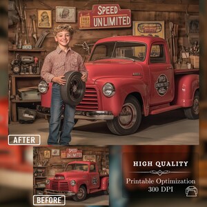 High-quality, printable digital backdrop featuring a young boy standing in front of a bright red vintage truck with a  Speed Unlimited sign above. The image contrasts a before-and-after transformation, emphasizing the backdrop optimization for print.