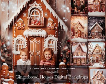 May include: A composite image featuring a large gingerbread house backdrop with two children in front. The backdrop includes gingerbread men, snow, and the text "30 CHRISTMAS THEME BACKGROUNDS" and "Gingerbread Houses Digital Backdrops". Additional gingerbread house images are displayed.
