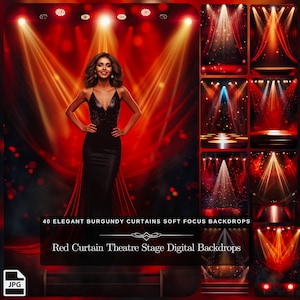 Peut inclure: Une collection de 40 fonds d'écran numériques avec des rideaux rouges et des projecteurs. Les fonds d'écran sont parfaits pour créer un look théâtral ou glamour pour les photos et les vidéos. Le texte "Red Curtain Theatre Stage Digital Backdrops" est affiché en bas de l'image.