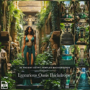 Könnte beinhalten: Eine Frau in einem grünen Kleid geht durch eine üppige, grüne Oase mit alten Steinmauern und einem Wasserfall im Hintergrund. Der Text "30 Ancient Egypt Temples Backgrounds" und "Luxurious Oasis Backdrops" ist am unteren Rand des Bildes sichtbar.