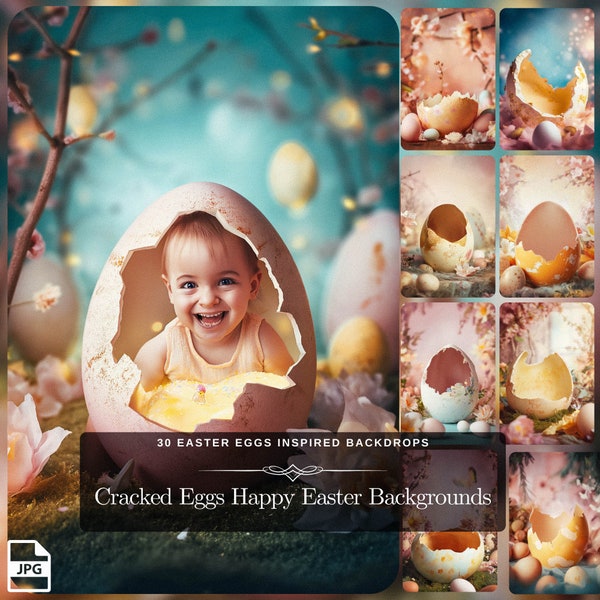 Cracked Eggs Happy Easter Backgrounds: Customize Photos with 30 Background Templates of Broken Eggs for Easter Parties - Digital Downloads