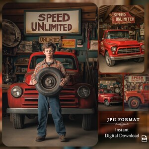 A boy holding a tire stands confidently in front of a vintage red truck under a Speed Unlimited sign. Surrounding images show different angles of the same setting, highlighting the truck's classic design and the detailed garage decor.